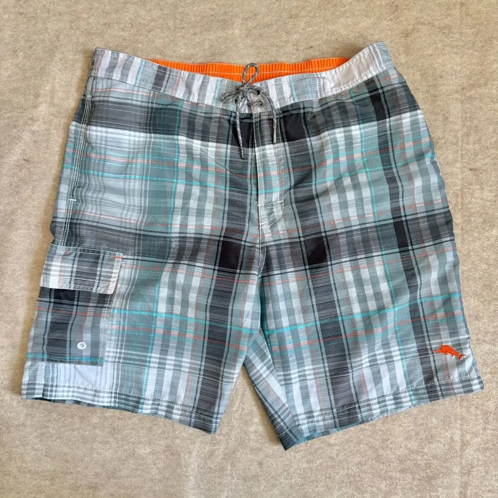 Tommy Bahama swim trunks mens L gray green plaid drawstring pocket lined beach